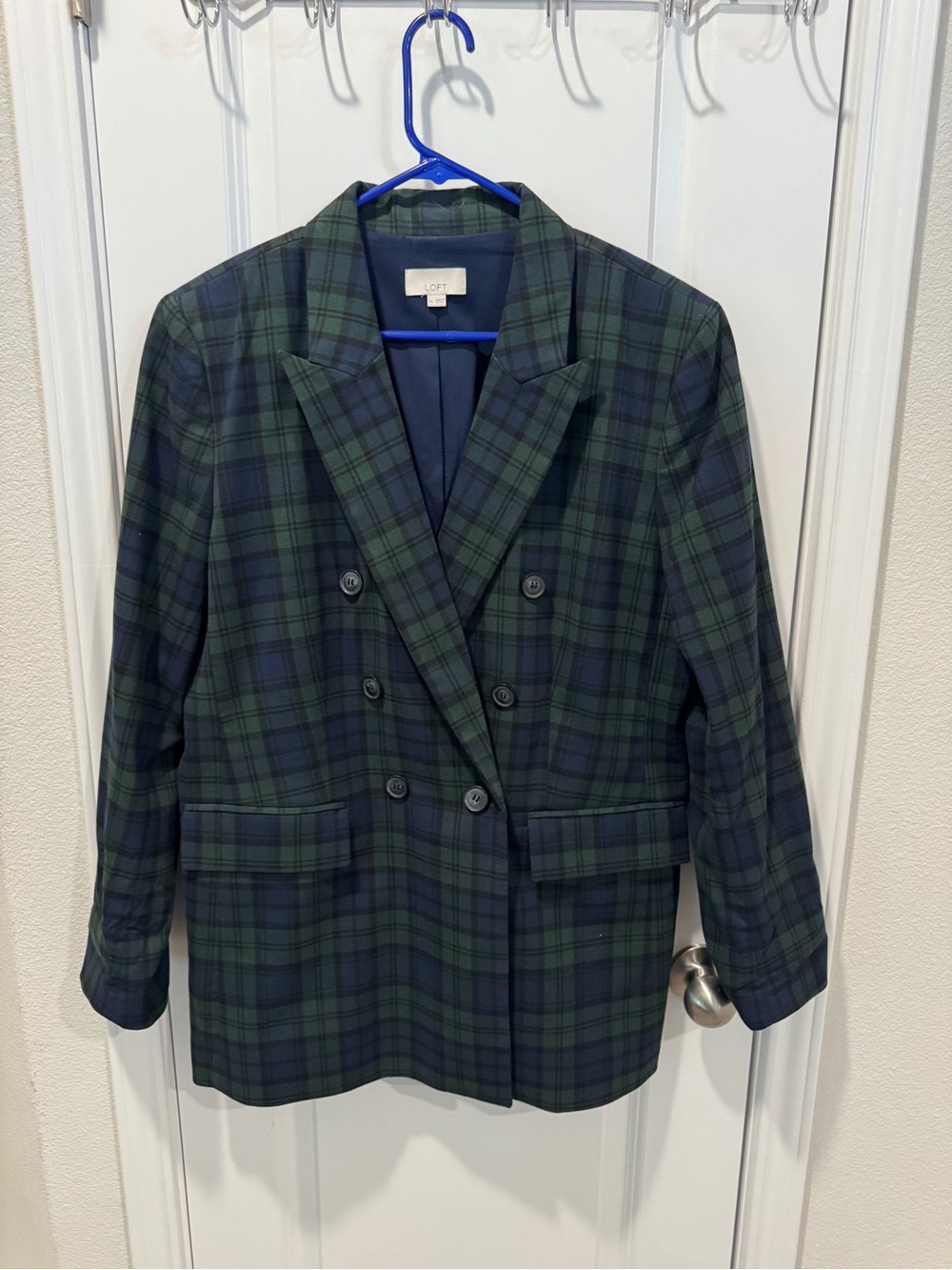LOFT Navy and Green Plaid Double-Breasted Blazer